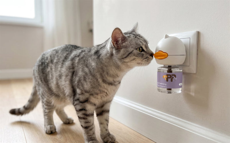 Un gatto tigrato annusa il diffusore PurePet attaccato alla presa