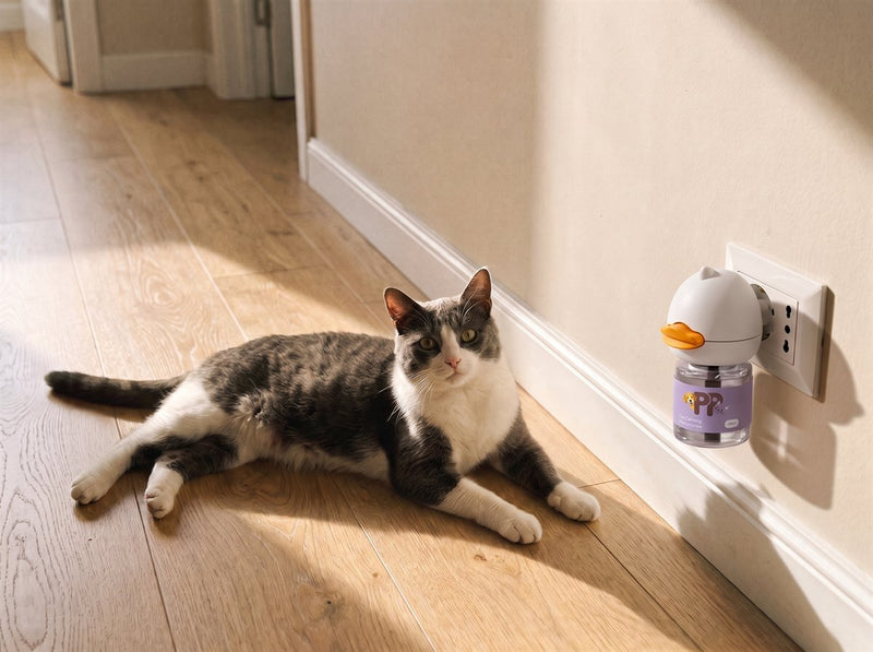 Un gatto grigio e bianco sdraiato al sole accanto al diffusore PurePet