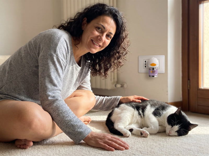 Una proprietaria accarezza il suo gatto sul tappeto, con il diffusore PurePet alla parete