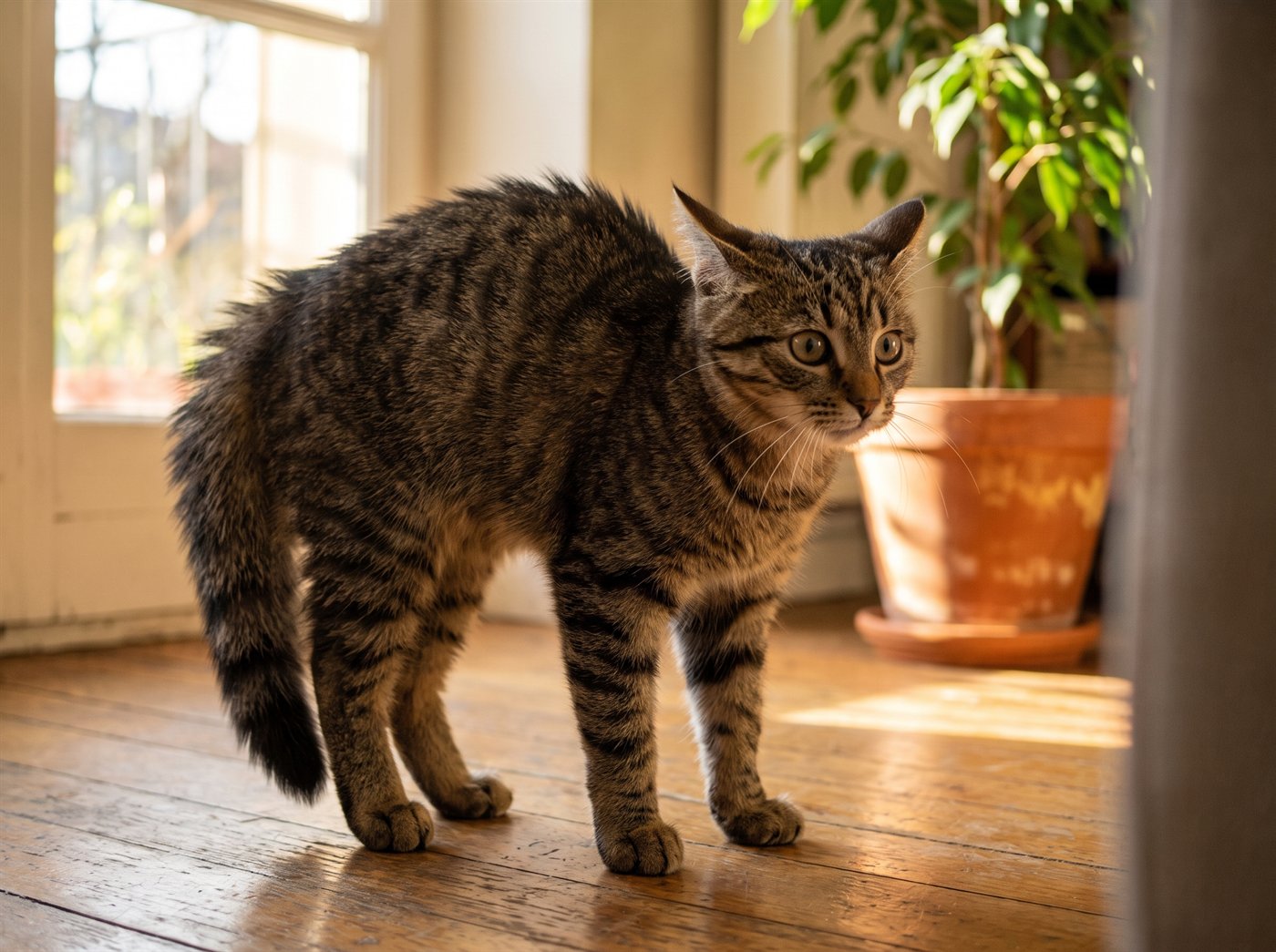 Un gatto teso con il pelo dritto e la schiena inarcata in salotto