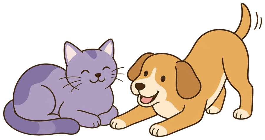 Illustrazione di un gatto lavanda e di un cane che giocano insieme