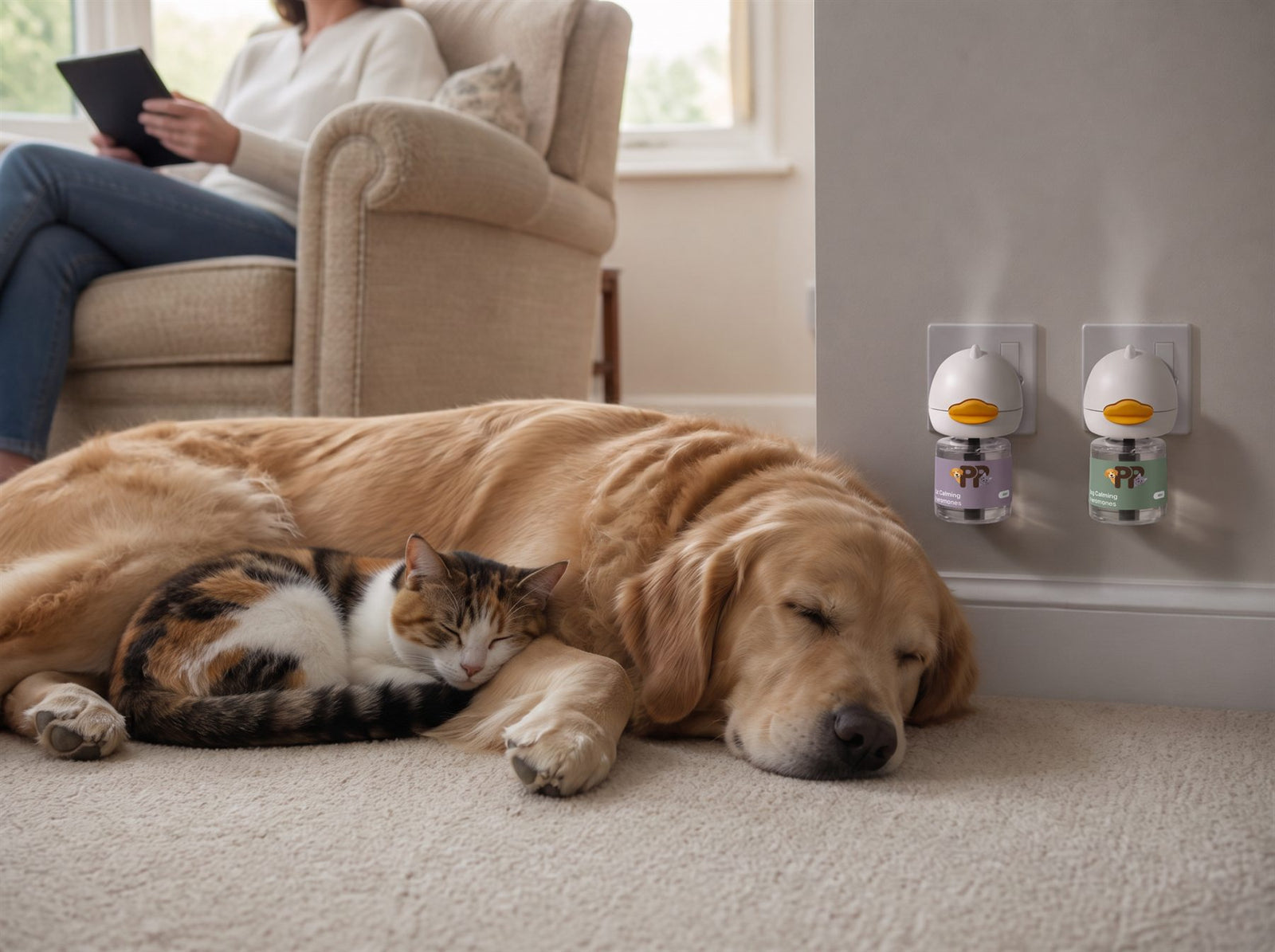 Un cane e un gatto dormono insieme sul tappeto, con due diffusori PurePetZone collegati alla presa